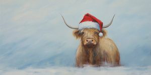 Schottischer Highlander mit Weihnachtsmannmütze