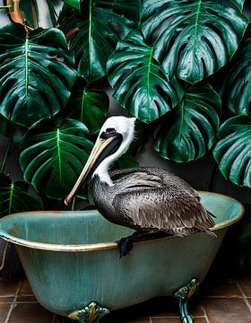 Lucide pelikaan droom van een tropisch bad. van Bianca van Dijk
