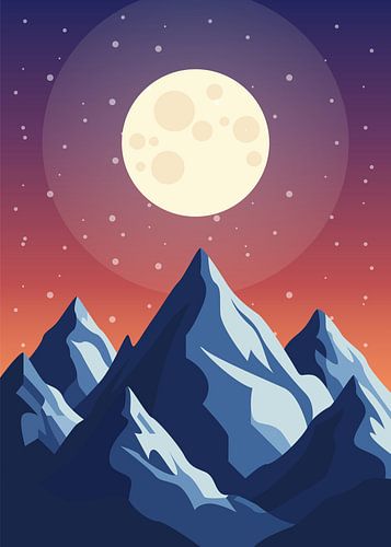Minimalistische natuurillustratie van grillige blauwe bergtoppen onder een stralende volle maan en sterren.