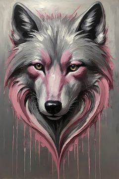 Abstracte Wolf in Druppels van Roze en Grijs van Art & Soul Creations