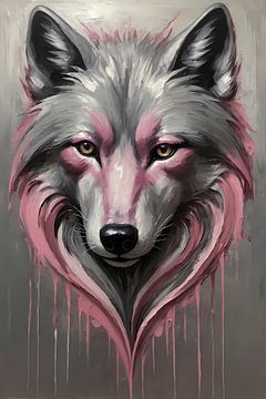 Abstract Wolf in Drops of Pink and Grey by De Muurdecoratie