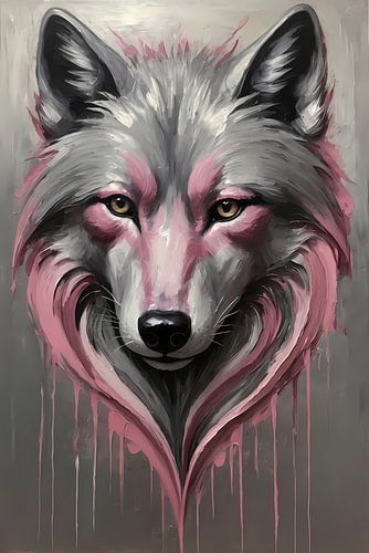 Abstracte Wolf in Druppels van Roze en Grijs