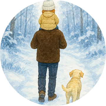 Winterwandeling met papa en hond (AI) (sneeuw, labrador, winter, bos, Vaderdag, liefdevol, vader, kind, natuur, spelen)