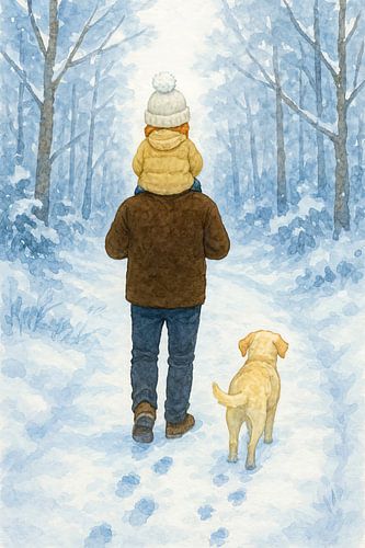 Winterwandeling met papa en hond (AI) (sneeuw, labrador, winter, bos, Vaderdag, liefdevol, vader, kind, natuur, spelen)