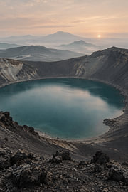 Volcanic Eye: Turquoise Crater Lake at Golden Dawn by Alfonz