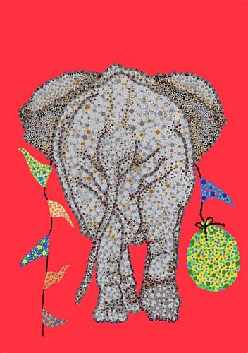 Pointillisme kunstwerk OLIFANT MET SLINGERS EN EEN BALLON. In de kleuren rood, grijs, geel, groen en blauw