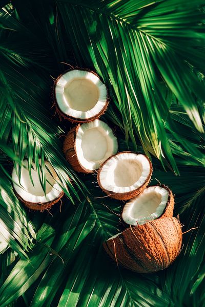Coconuts arranged on green leaves by Poster Art Shop