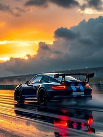 Porsche 911 GT3 RS : bandes noires et bleues sur piste mouillée 2