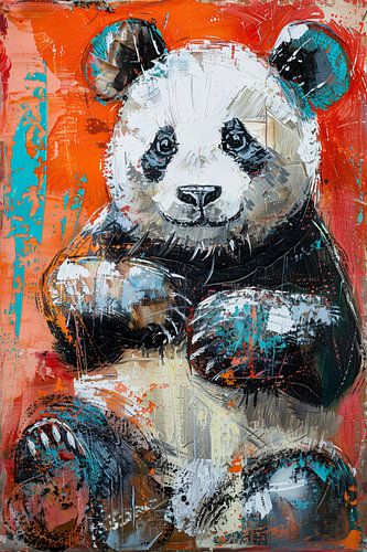 Schilderij van een abstracte panda in felle kleuren