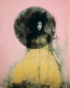 Portrait abstrait en noir, rose et jaune sur Carla Van Iersel