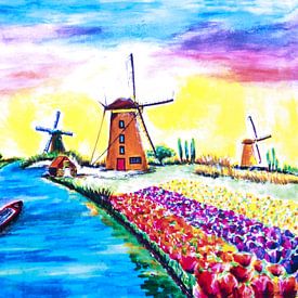 Colorful tulip fields, cows in the meadow surrounded by windmills by Maria Lakenman