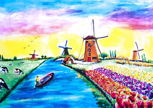 Bunte Tulpenfelder, Kühe auf der Wiese, umgeben von Windmühlen