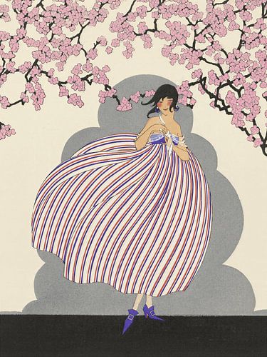 Art-Déco-Modeillustration einer eleganten Frau unter einem Kirschblütenbaum