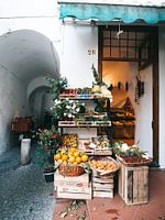 Italian supermarket with fruit and vegetables displayed outside in Amalfi
