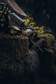 Schwedische Wildnis – Vertikale Ruine mit rostigen Zahnrädern am Wasserfall Fämtfallet von Dylan Winter Visuals