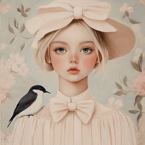 Das Mädchen und der Vogel in Pastellfarben