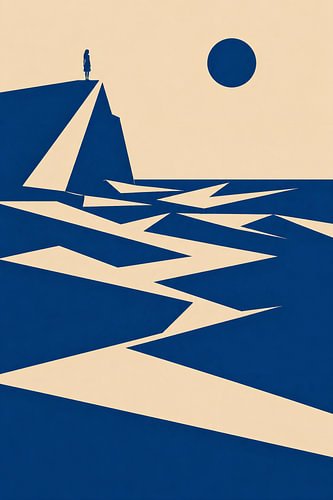 Abstraktes Meer Poster mit Frau an Klippe in Blau und Beige