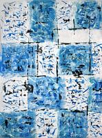 Zwarte rasterlijnen op blauw-witte vierkantjes
