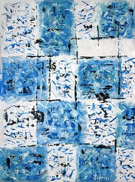 Schwarze Gitterlinien auf blau-weißen Squares von elha-Art
