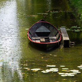 Stilleven met een roeiboot aan de steiger in de gracht in Edam. van AdWF