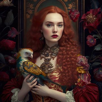 Portret van een prinses en haar trouwe papegaai