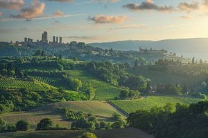 Die Türme von San Gimignano erheben sich bei Sonnenuntergang über die Weinberge