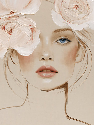 Portrait of a woman with pink flowers in soft shades by Carla Van Iersel