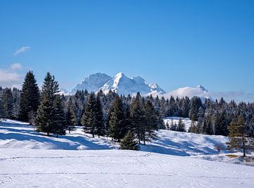 Verschneite Buckelwiesen bei Mittenwald, eingebettet in die winterliche Bergwelt der Alpen.