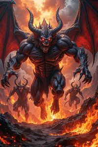 Dark Fantasy Wandbild: INFERNOX - Ein Dämon stürmt mit seiner Horde aus der Hölle