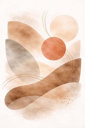 Tableau abstrait moderne sur le thème du soleil, couleur terre cuite, pour un décor neutre