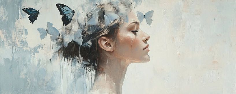 Woman and Butterflies | Elegant Woman and Blue Butterflies by Art Whims