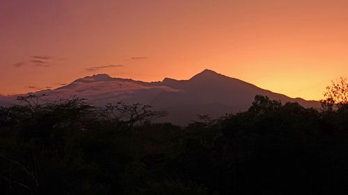 Uitzicht op de Meru berg tijdens zonsondergang in Tanzania van Aagje de Jong