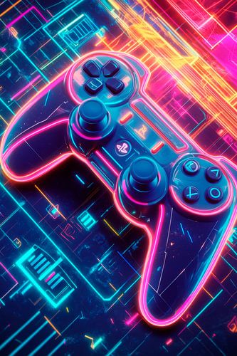 Neon gaming controller in focus