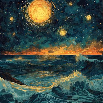 Maan Golven Zee Oceaan Maritieme Nacht van Niklas Maximilian