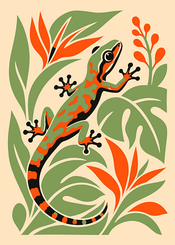 Stylized Gecko Among Tropical Foliage