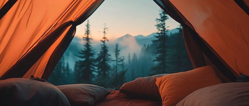 Tent view of mountains at dawn by Poster Art Shop