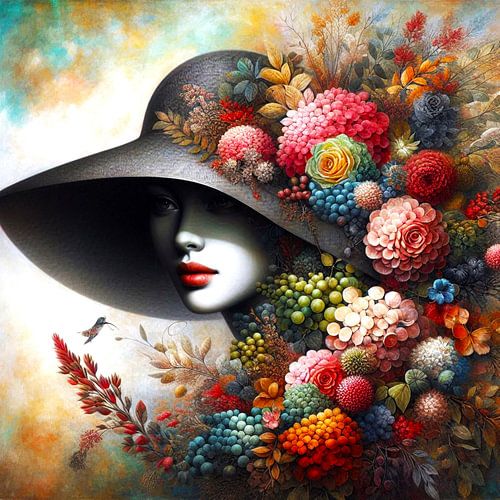 Portret van een vrouw met een hoed en bloemen