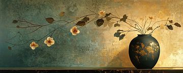 Teal Vase With Blossoms van Blikvanger Schilderijen
