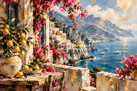 Amalfiküste mit Zitronen & Bougainvillea | Mediterranes Italien am Meer | Poster Querformat von ButterflyPix