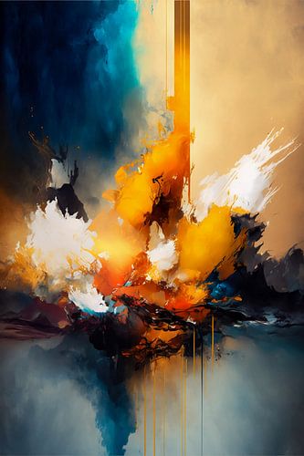 Abstrakte Ölgemälde Komposition in Ocker, Weiß und Blau