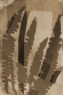 Fern leaves and lines.  Modern abstract botanical geometric art in beige and brown by Dina Dankers