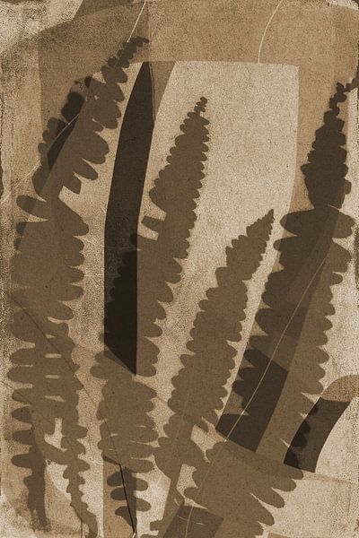 Farnblätter und Linien.  Moderne abstrakte botanische geometrische Kunst in Beige und Braun von Dina Dankers