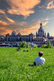 Zonsondergang aan de oever van de Elbe in het voorjaar in Dresden op de Elbwiese met de Frauenkirche op de achtergrond Verticaal van Animaflora PicsStock