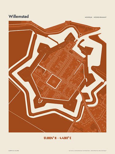 Kaart van Willemstad in gebrand oranje