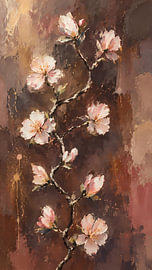 A sturdy, gnarled branch with pink blossoms by Emiel de Lange