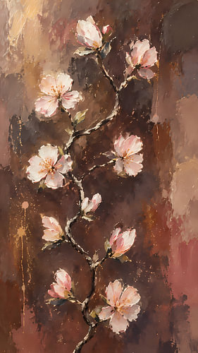 A sturdy, gnarled branch with pink blossoms