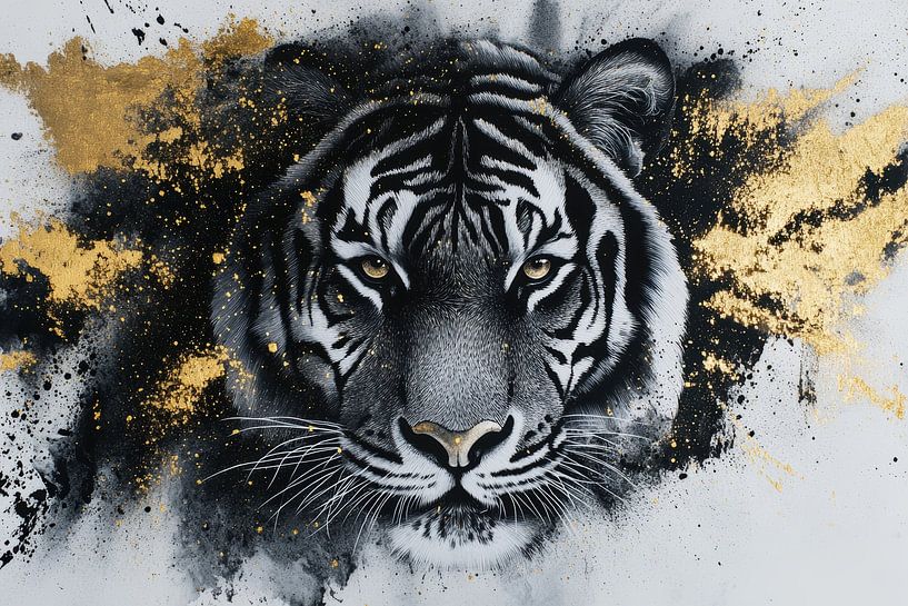 Portrait tiger black and white with gold by Deco item