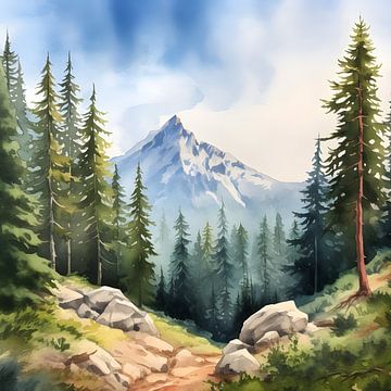 Paysage avec montagne et forêt - aquarelle sur Jan Bechtum