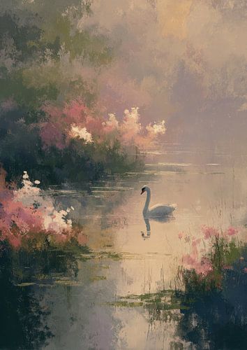 Swan Poster Lake Oil Painting Nature Art