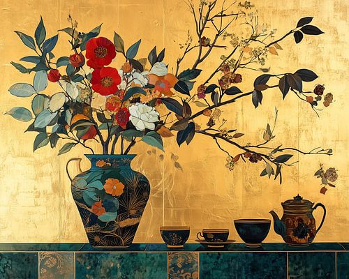 vase flowers | Teal Vase Bloom by Eye catching paintings